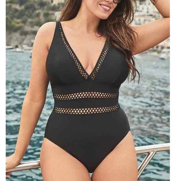 SwimSuits For All  Lattice Plunge Black One Piece Swim Suit 26 NWT - Picture 1 of 7